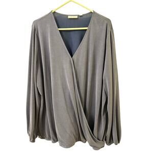 Susan Graver 2X Blue Sand Washed Surplice Wrap Top Long Sleeve Plus Size NEW